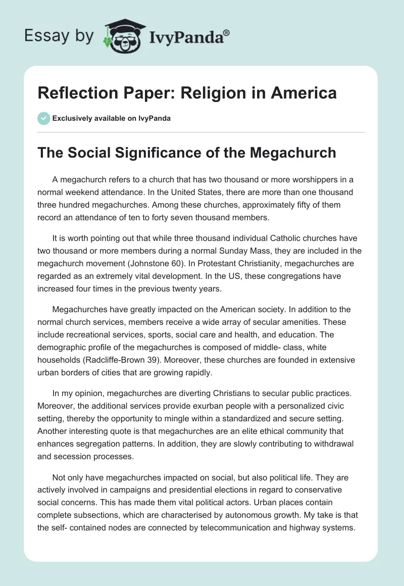 Reflection Paper: Religion in America. Page 1