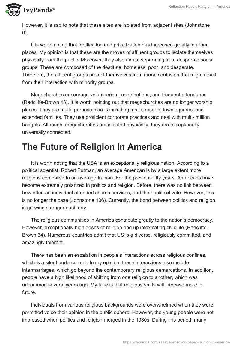 Reflection Paper: Religion in America. Page 2