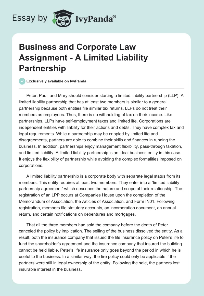 Business and Corporate Law Assignment - A Limited Liability Partnership. Page 1