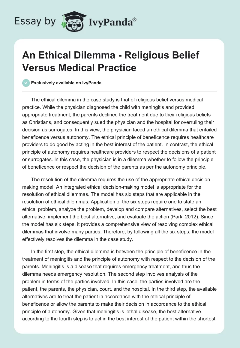 An Ethical Dilemma - Religious Belief Versus Medical Practice. Page 1