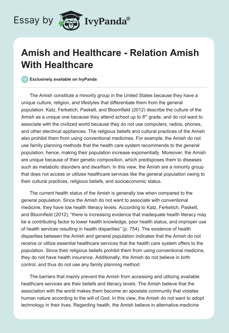 Amish and Healthcare - Relation Amish With Healthcare. Page 1