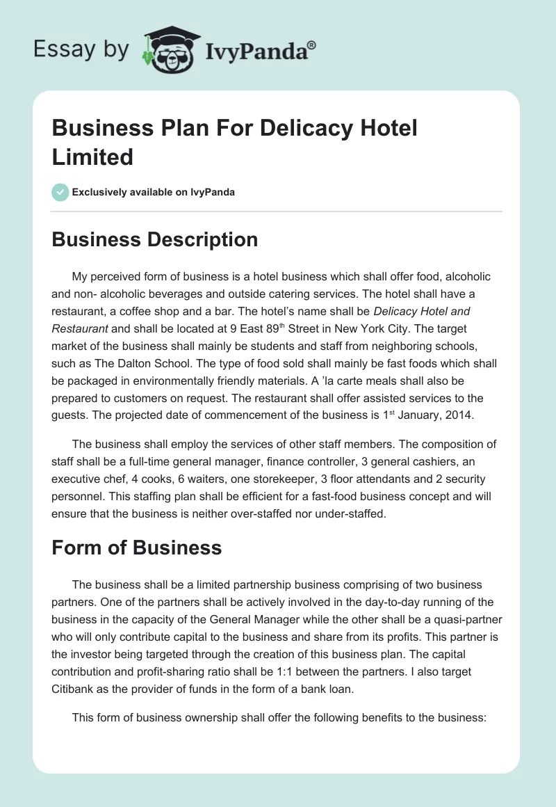 Business Plan For Delicacy Hotel Limited. Page 1