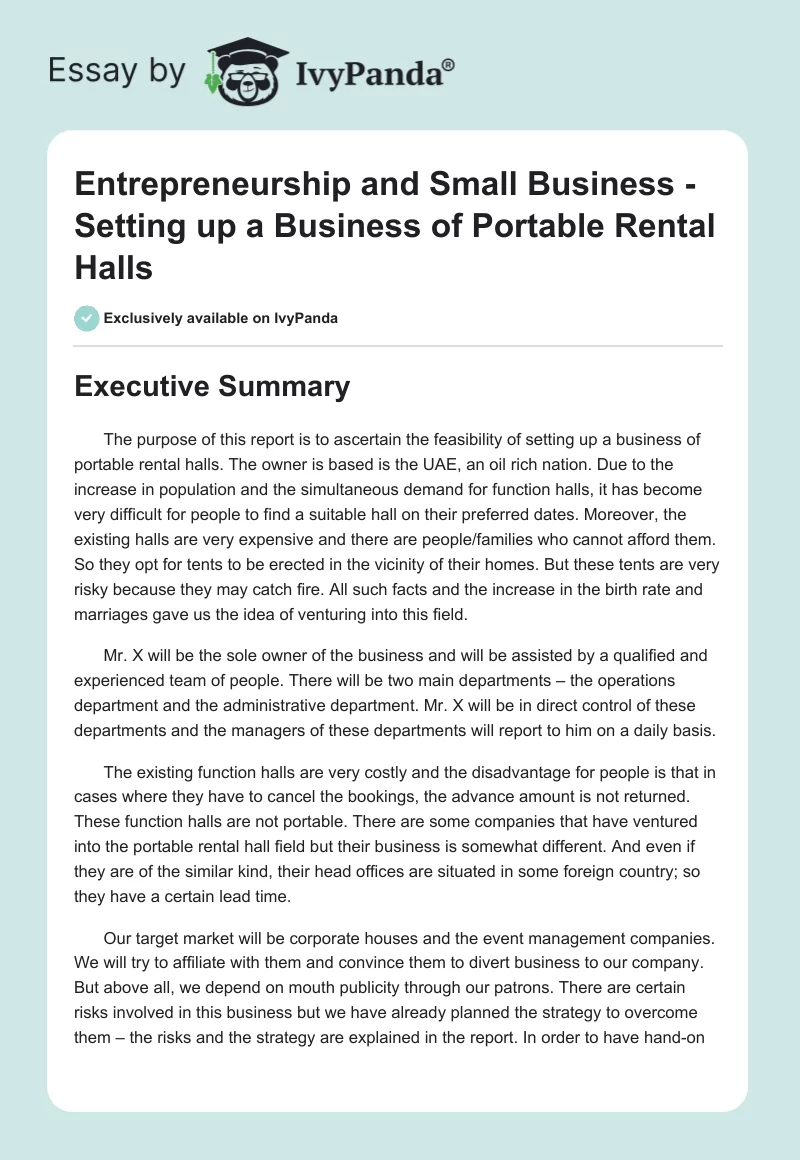 Entrepreneurship and Small Business - Setting up a Business of Portable Rental Halls. Page 1