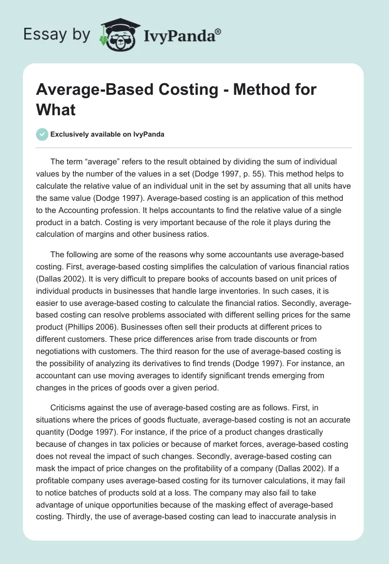 Average-Based Costing - Method for What. Page 1