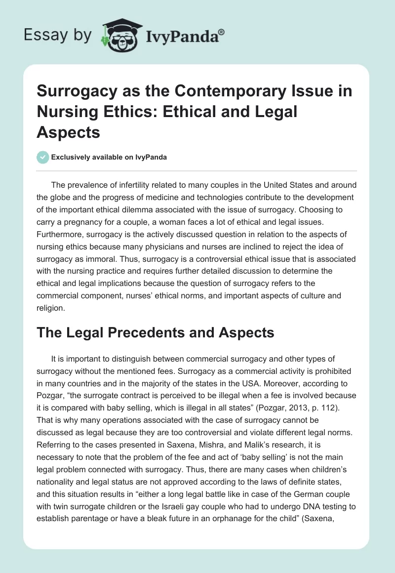 Surrogacy as the Contemporary Issue in Nursing Ethics: Ethical and Legal Aspects. Page 1