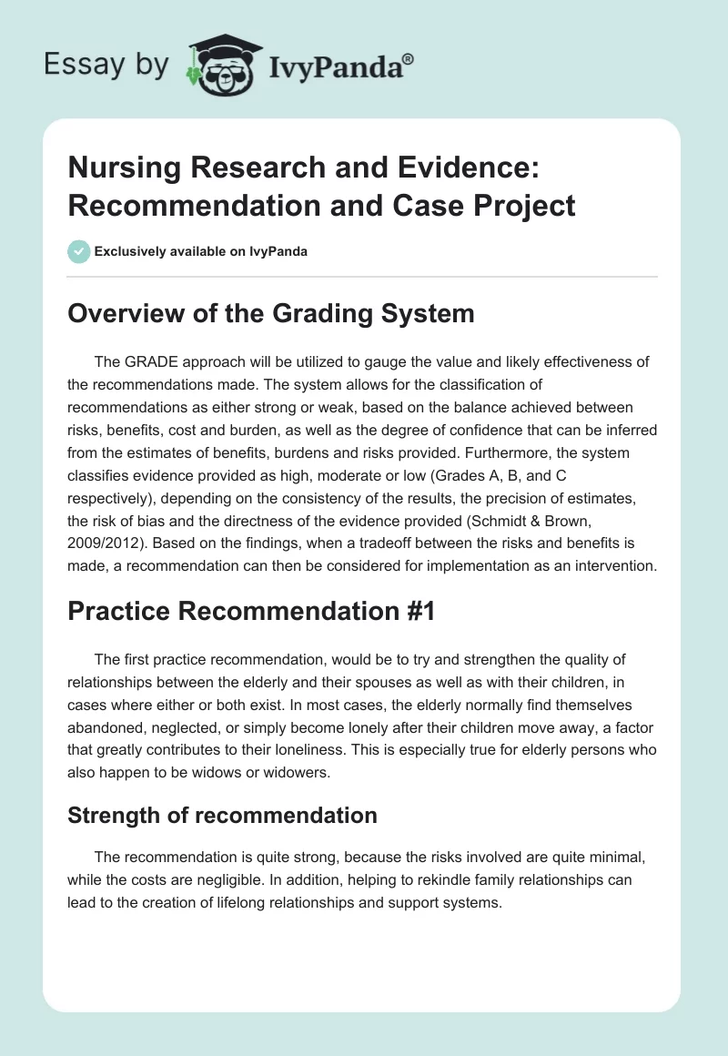 Nursing Research and Evidence: Recommendation and Case Project. Page 1
