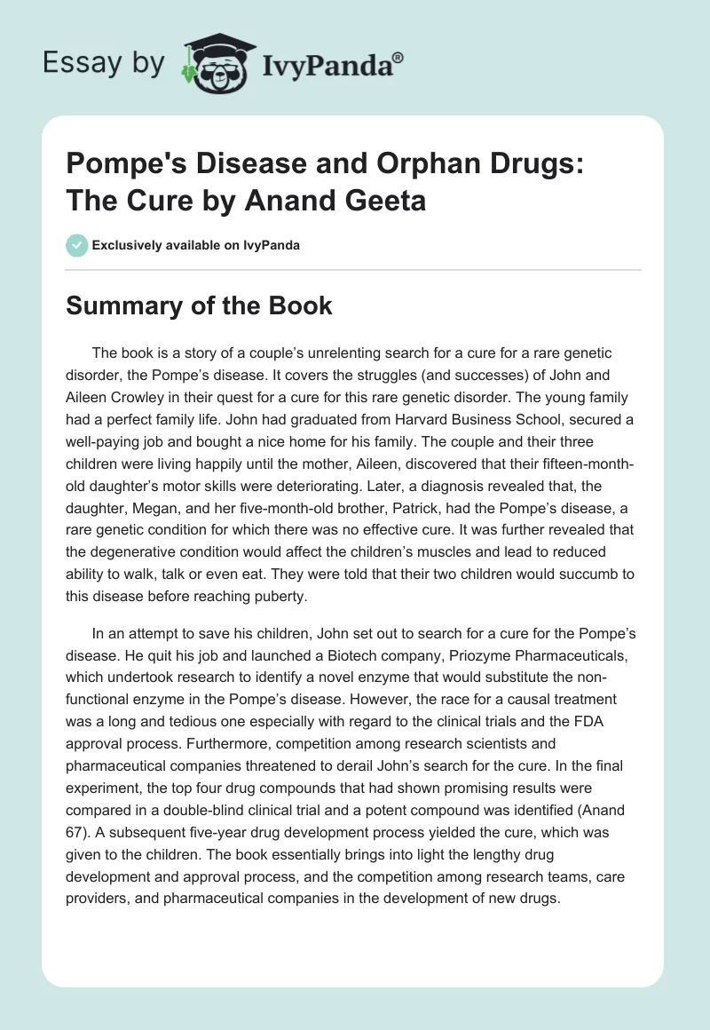 Pompe's Disease and Orphan Drugs: "The Cure" by Anand Geeta. Page 1