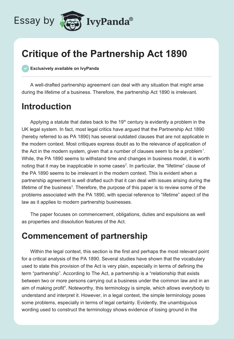 Critique of the Partnership Act 1890. Page 1