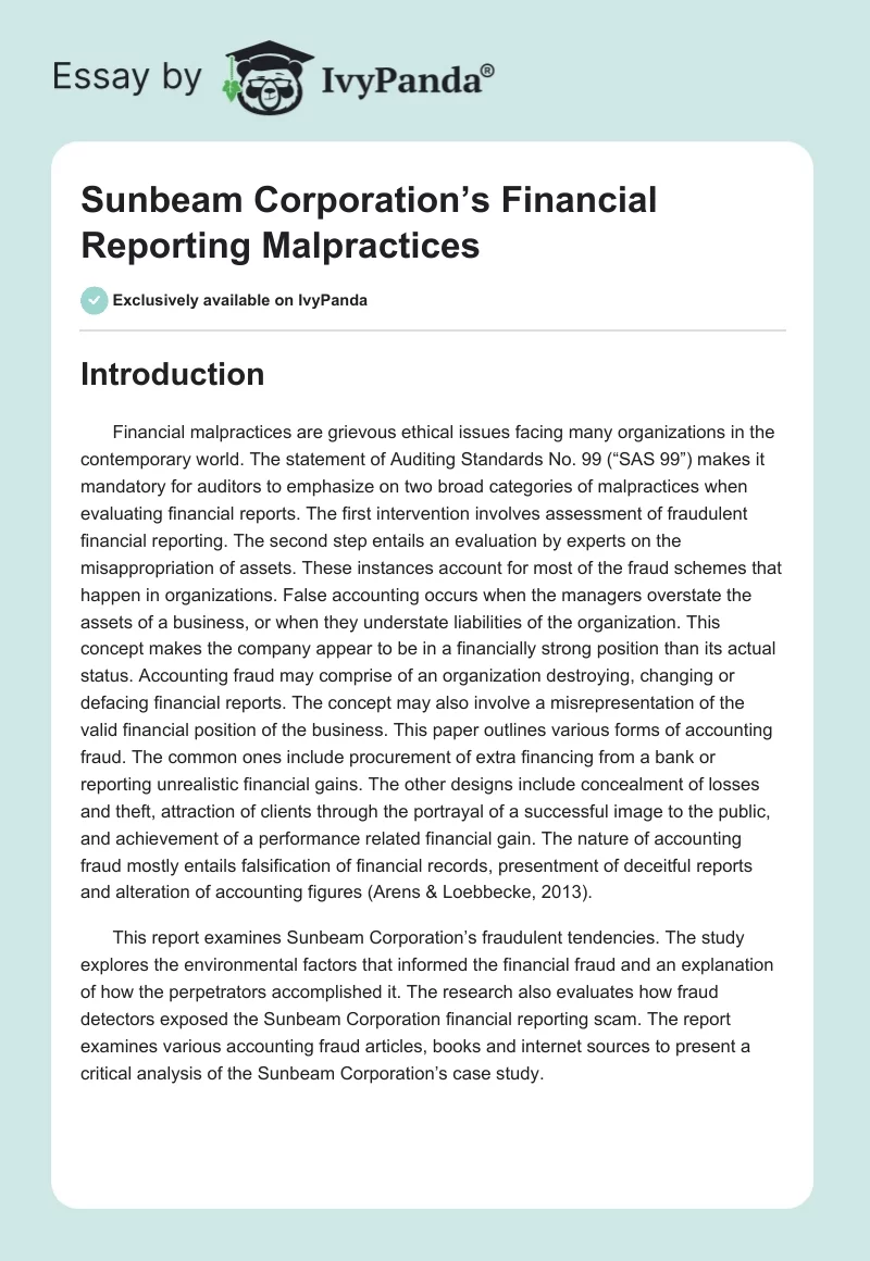 Sunbeam Corporation’s Financial Reporting Malpractices. Page 1