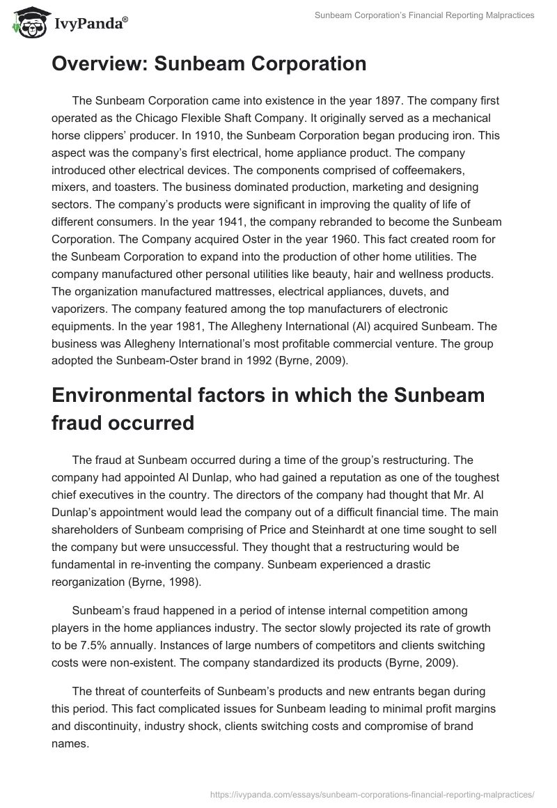 Sunbeam Corporation’s Financial Reporting Malpractices. Page 2