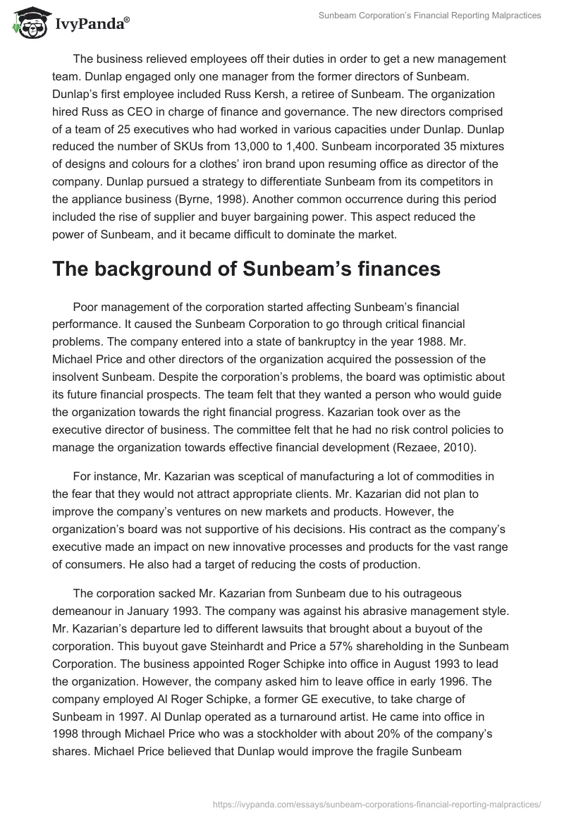 Sunbeam Corporation’s Financial Reporting Malpractices. Page 3