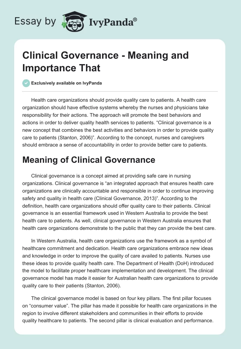 Clinical Governance - Meaning and Importance That. Page 1