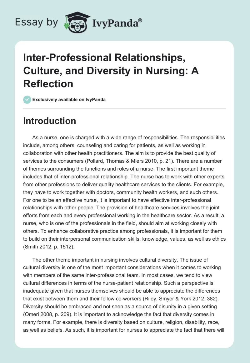 Inter-Professional Relationships, Culture, and Diversity in Nursing: A Reflection. Page 1