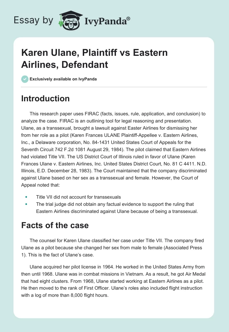 Karen Ulane, Plaintiff vs. Eastern Airlines, Defendant. Page 1