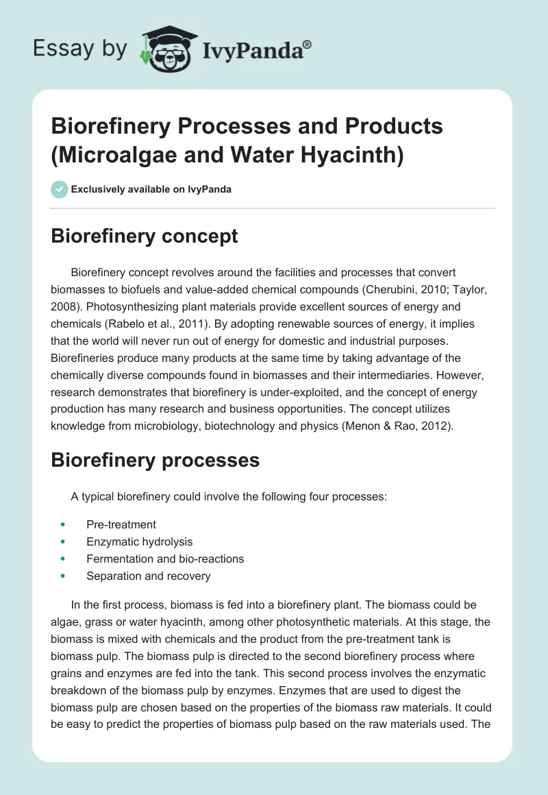 Biorefinery Processes and Products (Microalgae and Water Hyacinth). Page 1
