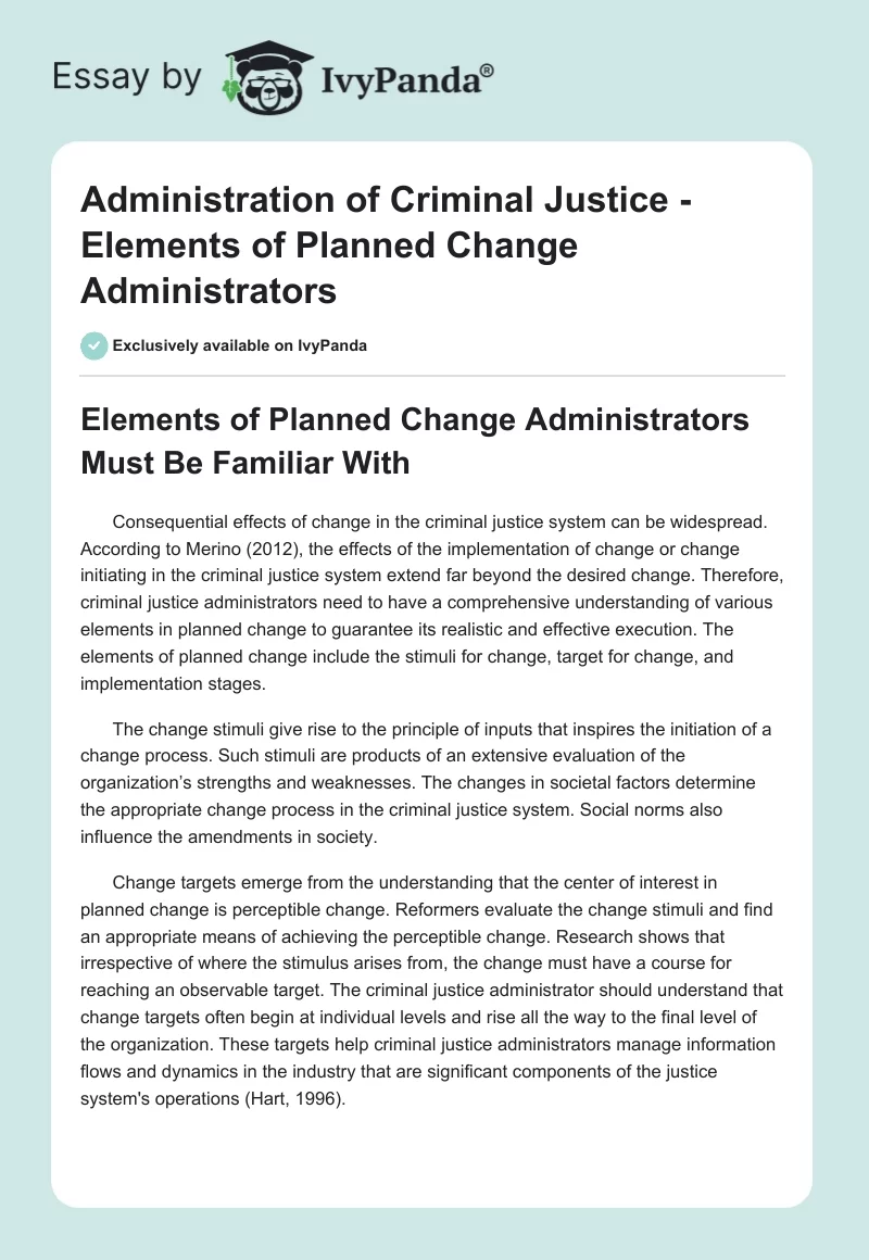 Administration of Criminal Justice - Elements of Planned Change Administrators. Page 1