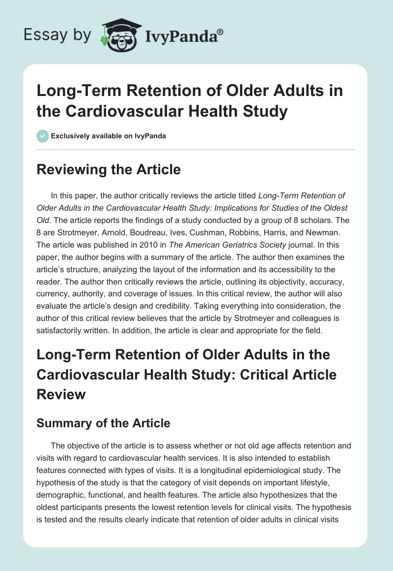 Long-Term Retention of Older Adults in the Cardiovascular Health Study. Page 1