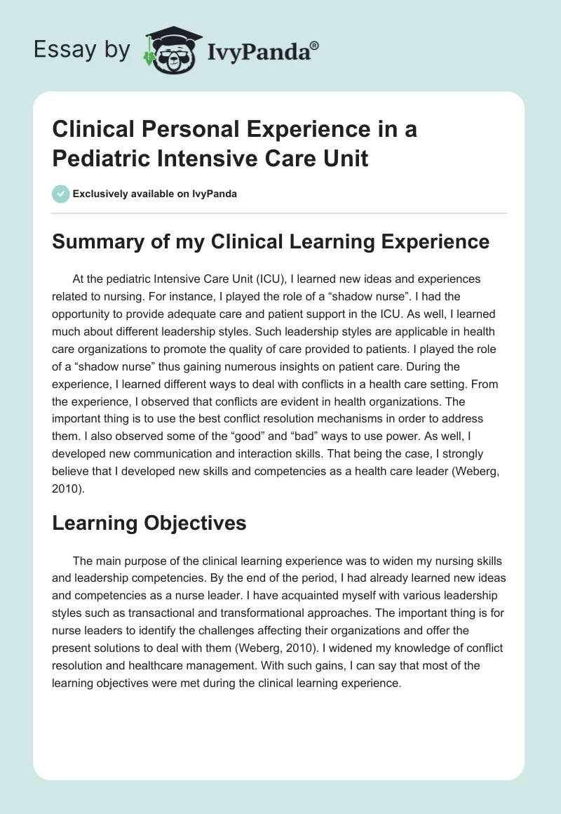 Clinical Personal Experience in a Pediatric Intensive Care Unit. Page 1