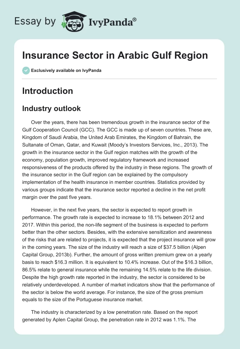Insurance Sector in Arabic Gulf Region. Page 1