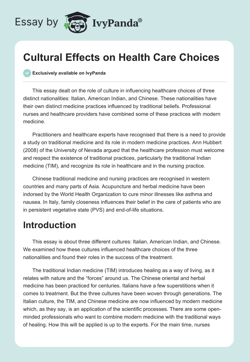 Cultural Effects on Health Care Choices. Page 1