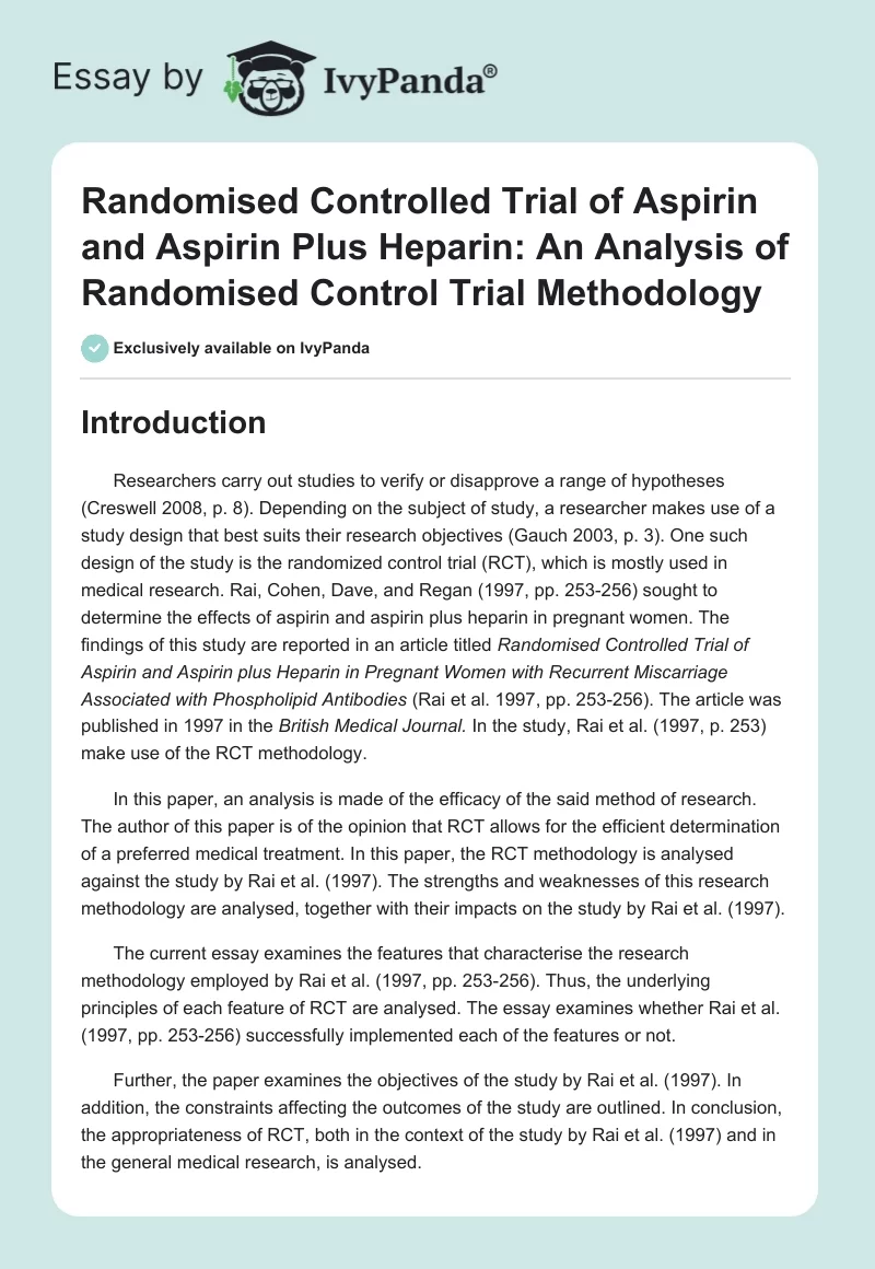Randomised Controlled Trial of Aspirin and Aspirin Plus Heparin: An Analysis of Randomised Control Trial Methodology. Page 1