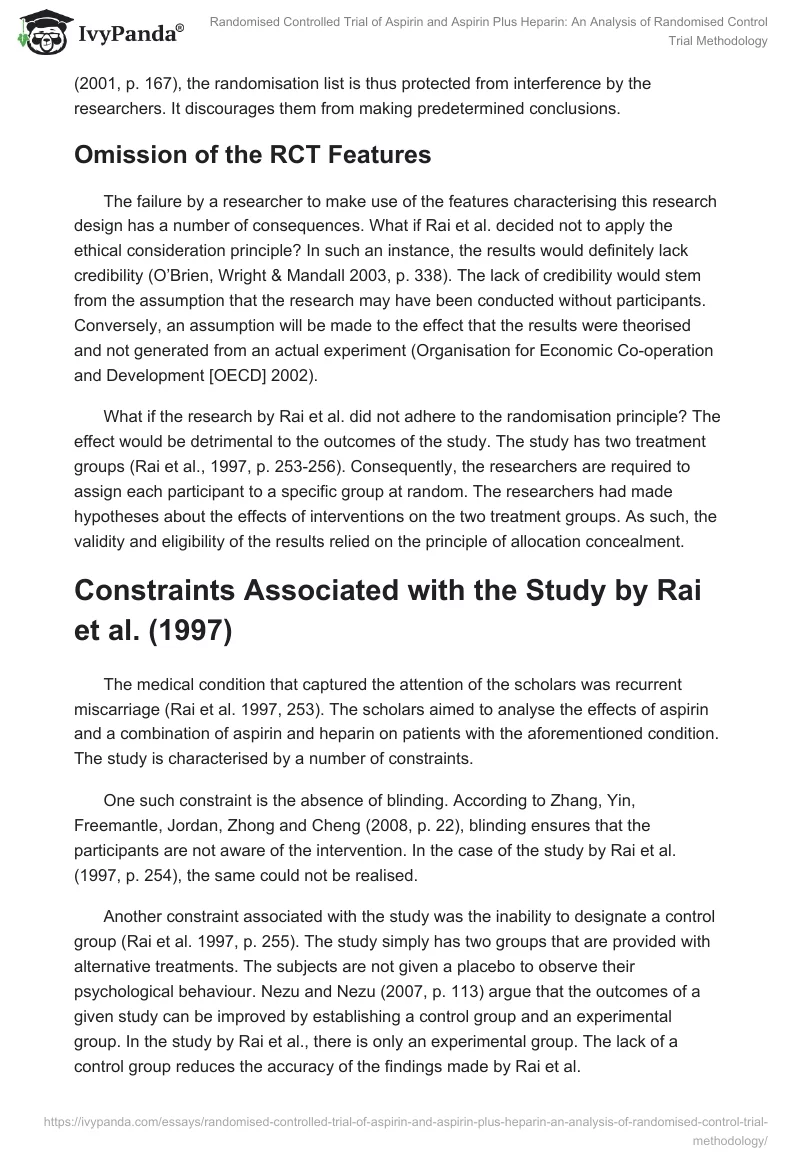 Randomised Controlled Trial of Aspirin and Aspirin Plus Heparin: An Analysis of Randomised Control Trial Methodology. Page 4