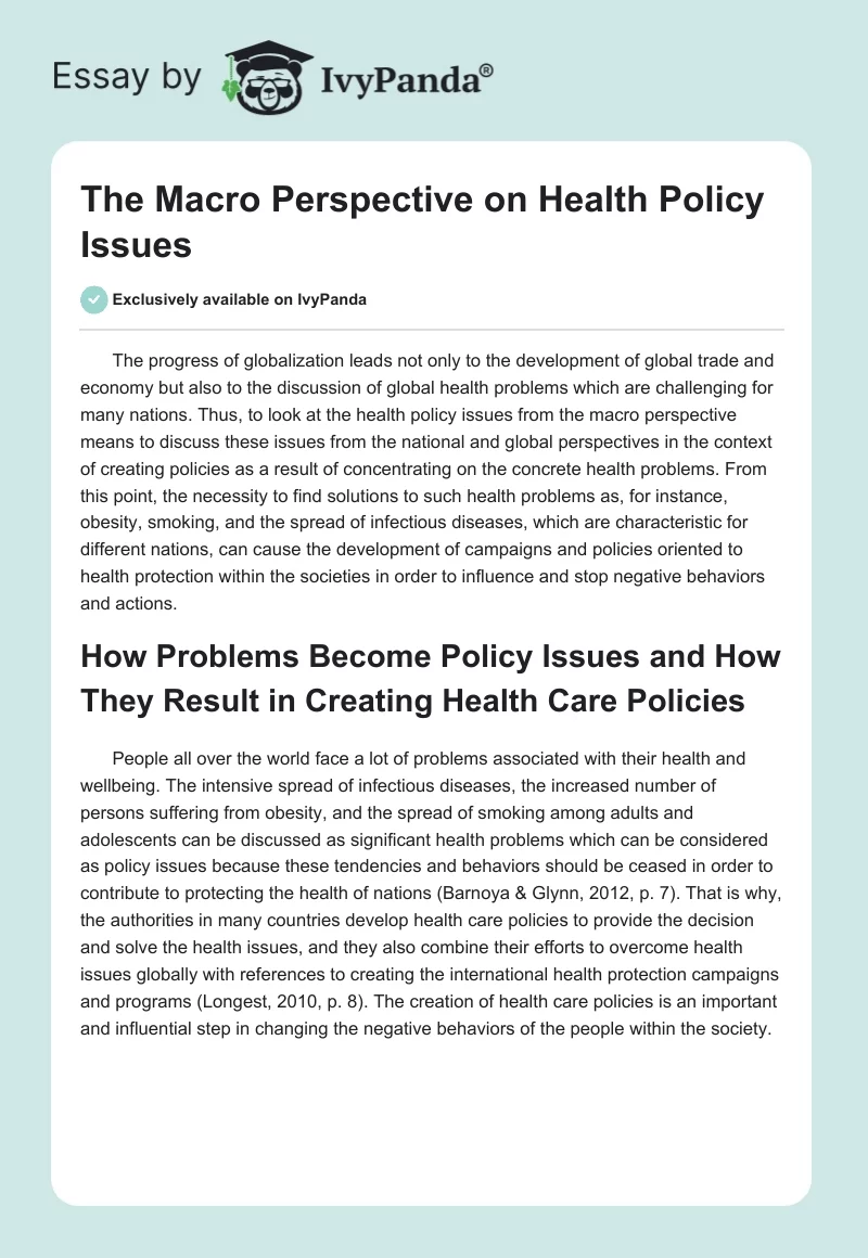 The Macro Perspective on Health Policy Issues. Page 1