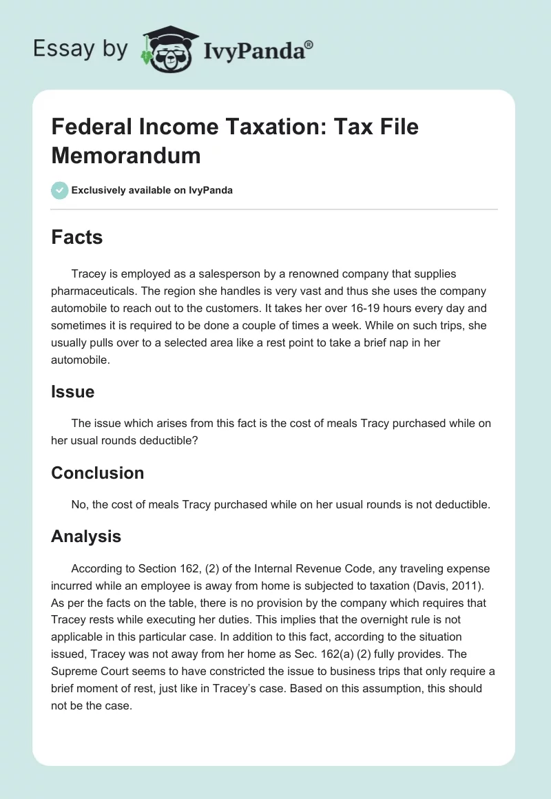 Federal Income Taxation: Tax File Memorandum. Page 1