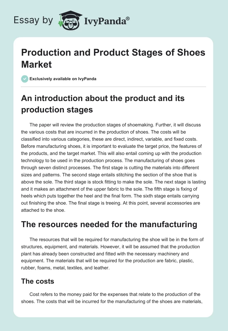 Production and Product Stages of Shoes Market. Page 1