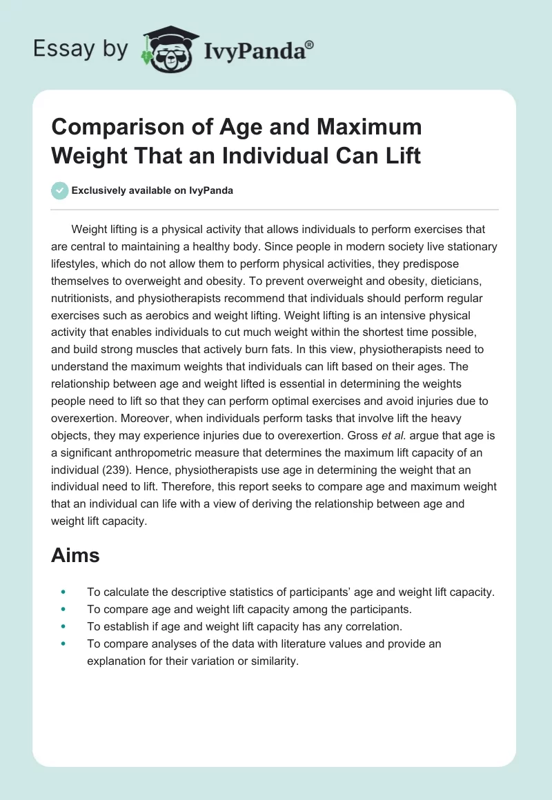 Comparison of Age and Maximum Weight That an Individual Can Lift. Page 1