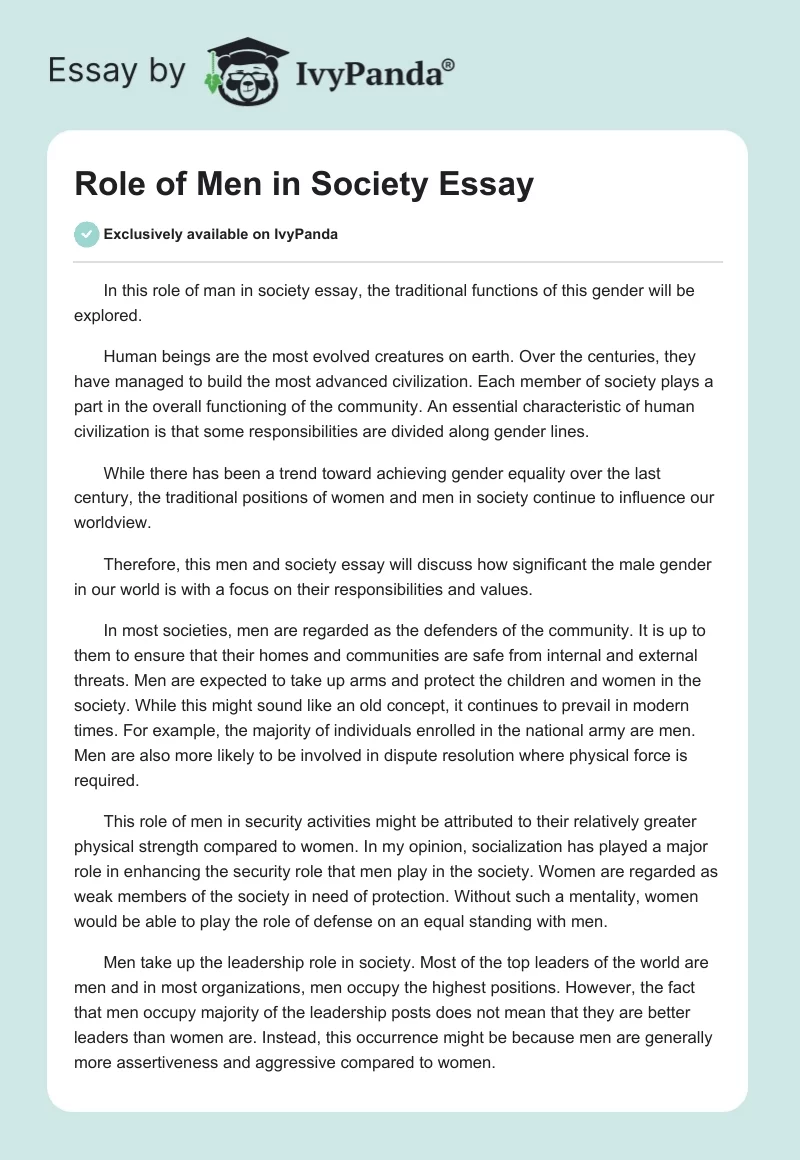 Role of Men in Society Essay. Page 1