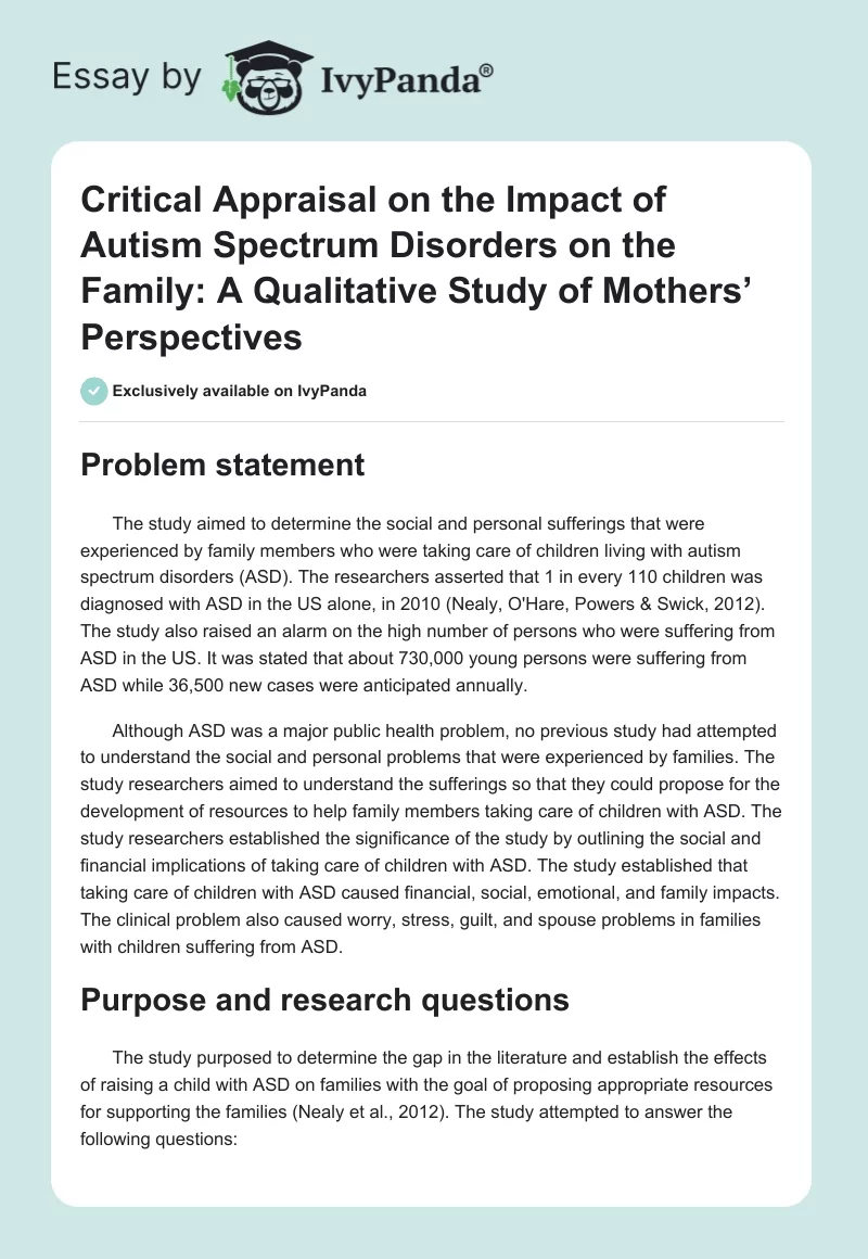 Critical Appraisal on the Impact of Autism Spectrum Disorders on the Family: A Qualitative Study of Mothers’ Perspectives. Page 1