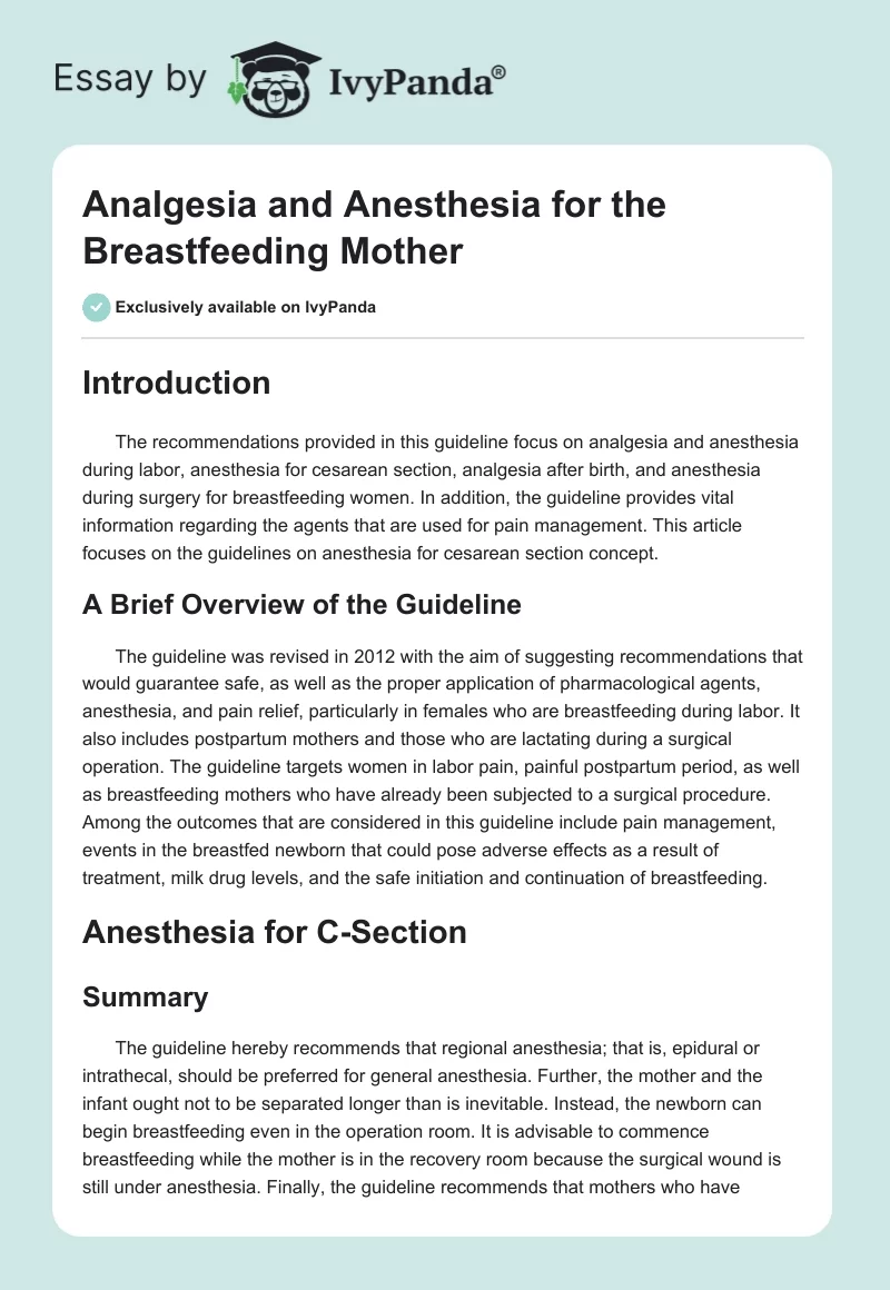 Analgesia and Anesthesia for the Breastfeeding Mother. Page 1
