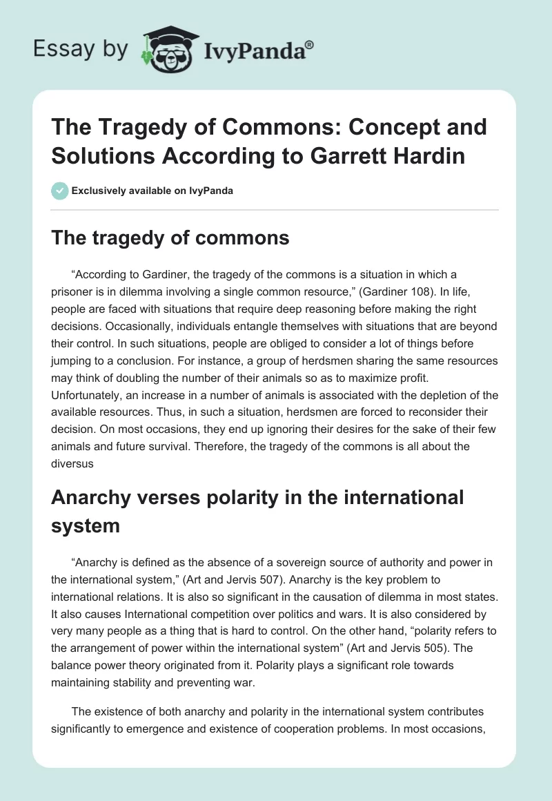 The Tragedy of Commons: Concept and Solutions According to Garrett Hardin. Page 1
