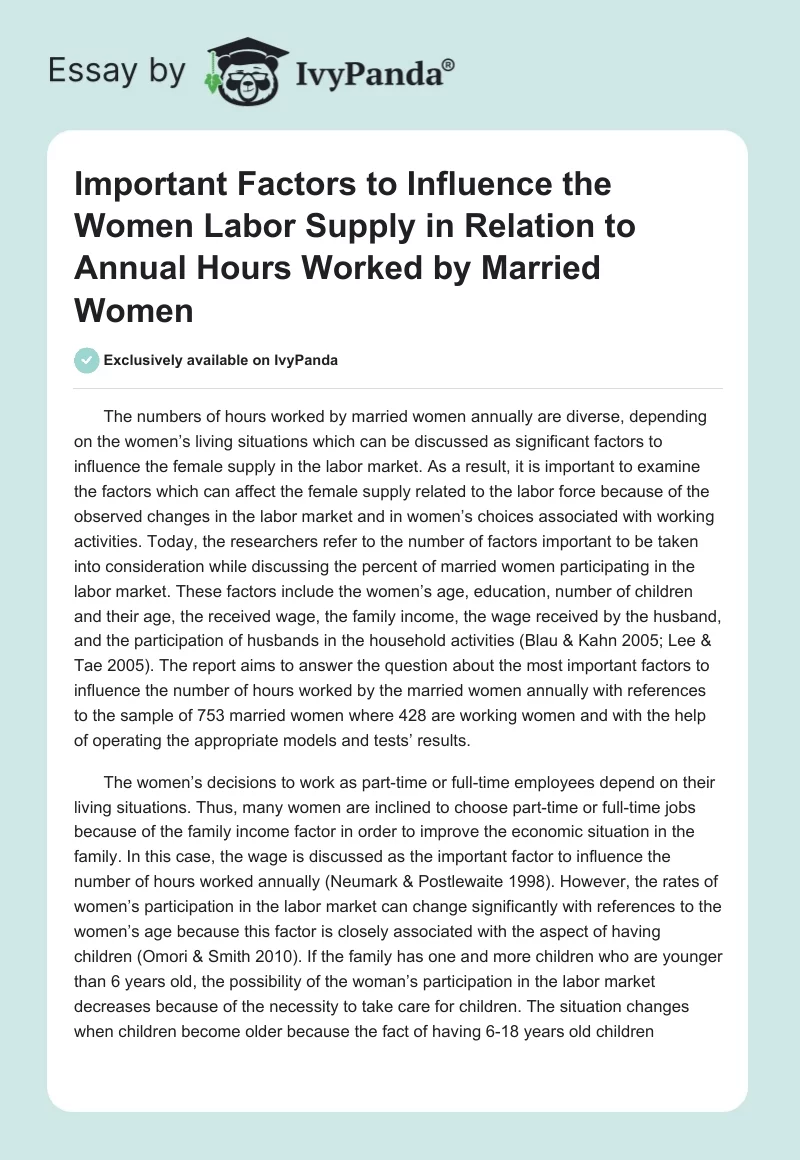 Important Factors to Influence the Women Labor Supply in Relation to Annual Hours Worked by Married Women. Page 1