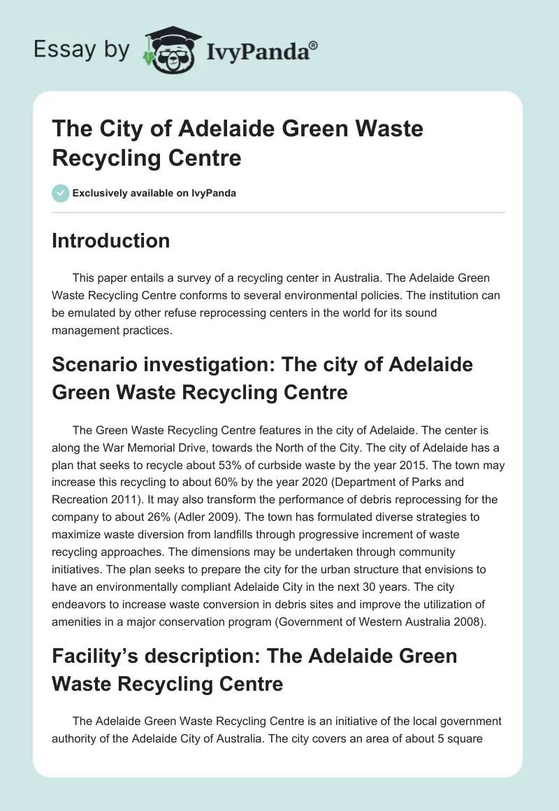 The City of Adelaide Green Waste Recycling Centre. Page 1