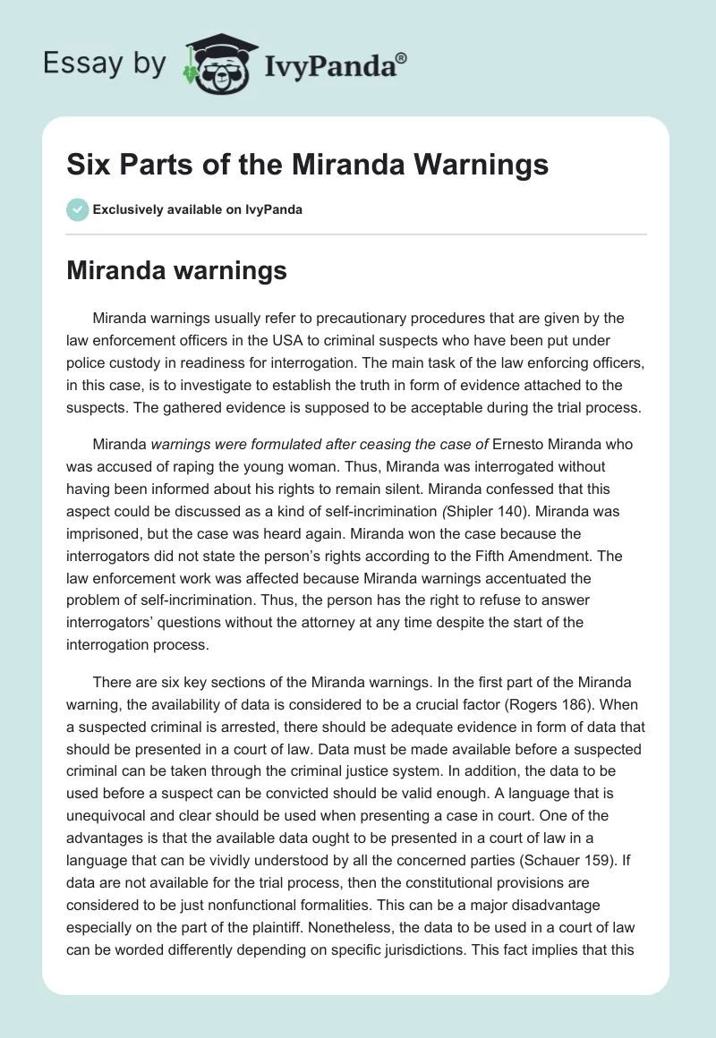 Six Parts of the Miranda Warnings. Page 1