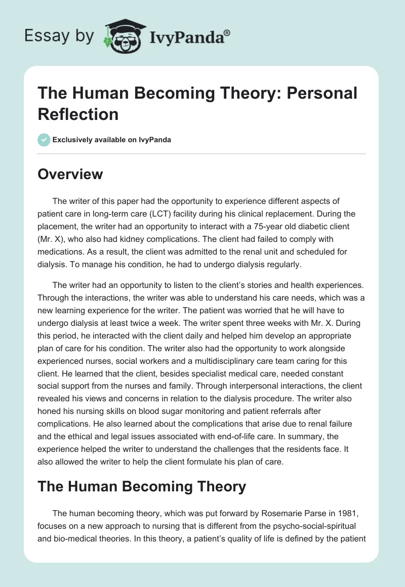 The Human Becoming Theory: Personal Reflection. Page 1
