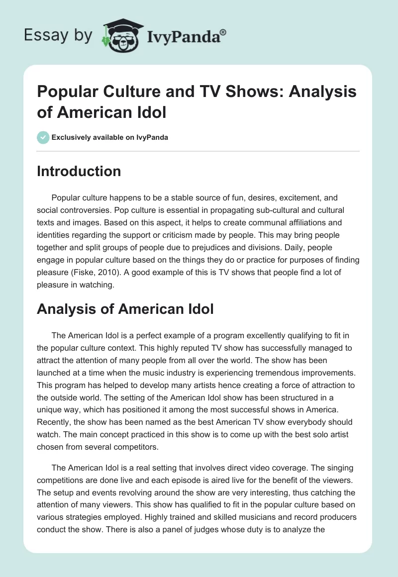 Popular Culture and TV Shows: Analysis of American Idol. Page 1