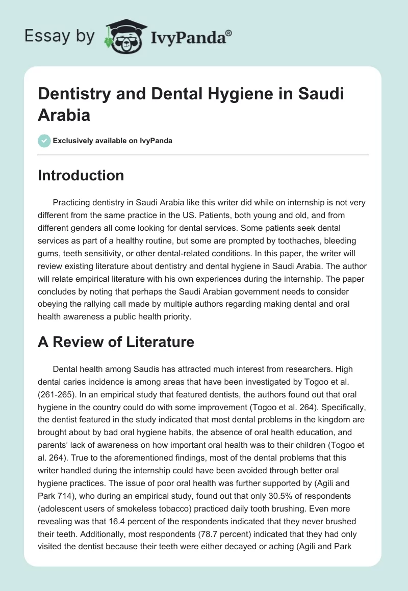 Dentistry and Dental Hygiene in Saudi Arabia. Page 1