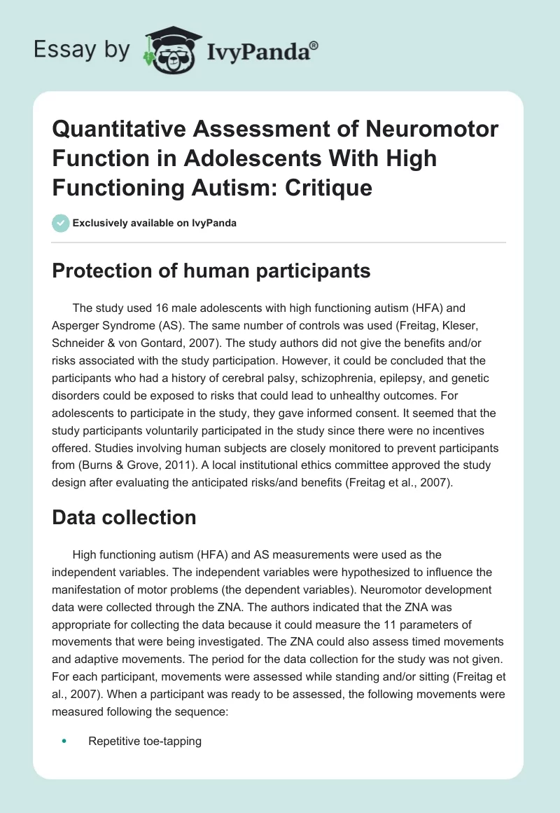 Quantitative Assessment of Neuromotor Function in Adolescents With High Functioning Autism: Critique. Page 1