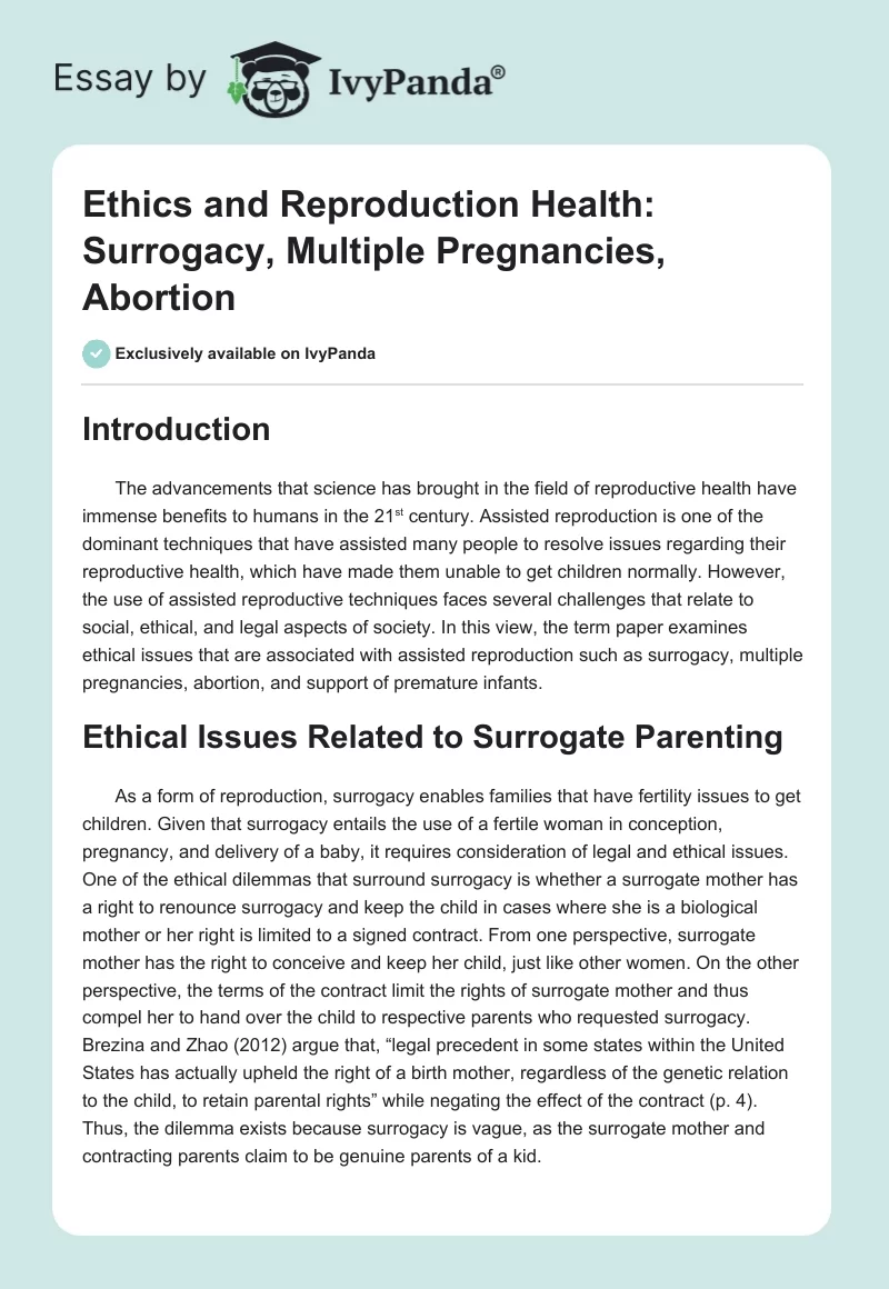 Ethics and Reproduction Health: Surrogacy, Multiple Pregnancies, Abortion. Page 1