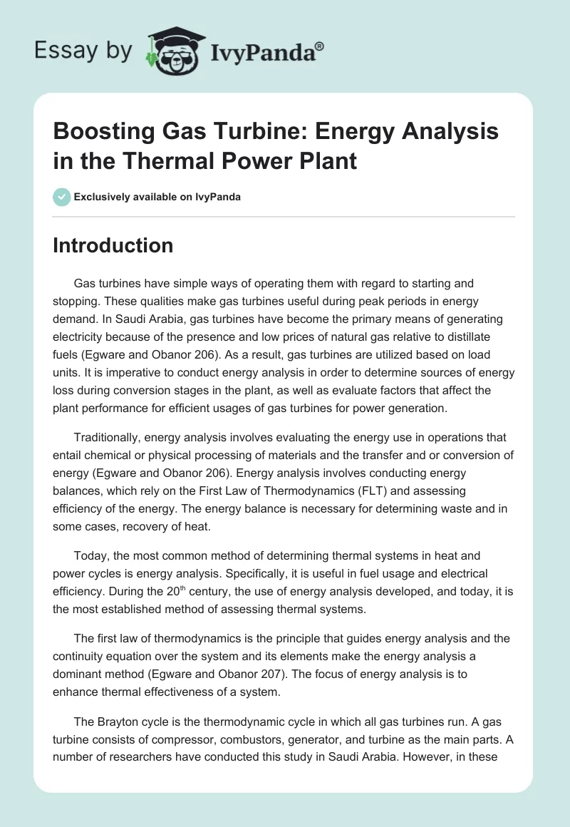 Boosting Gas Turbine: Energy Analysis in the Thermal Power Plant. Page 1