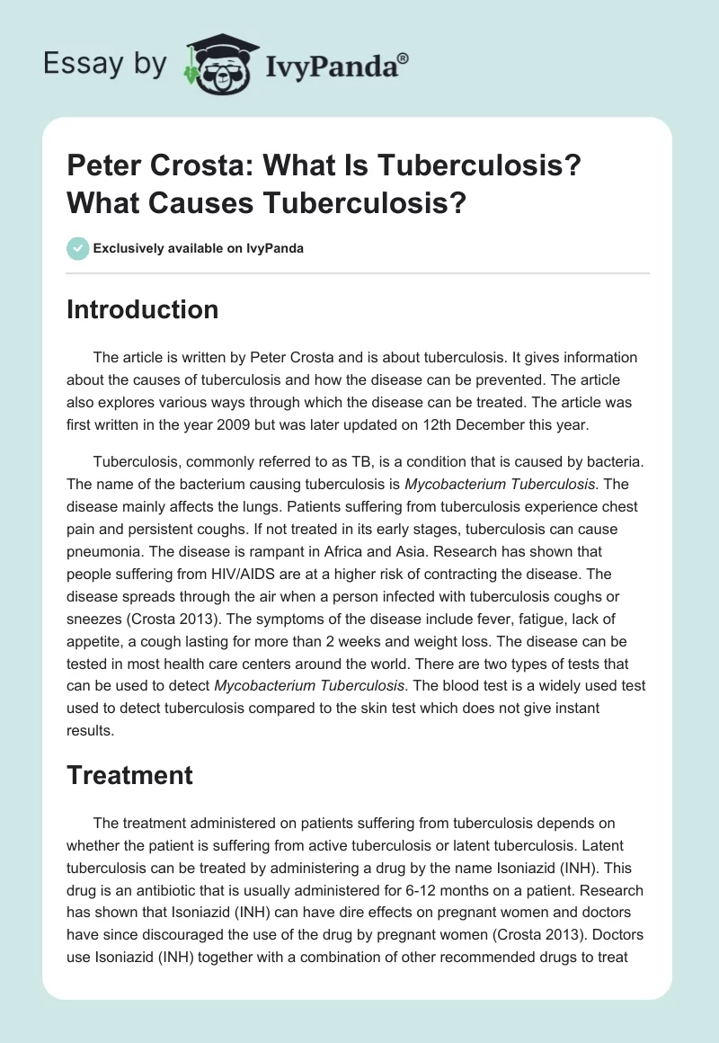 Peter Crosta: What Is Tuberculosis? What Causes Tuberculosis?. Page 1