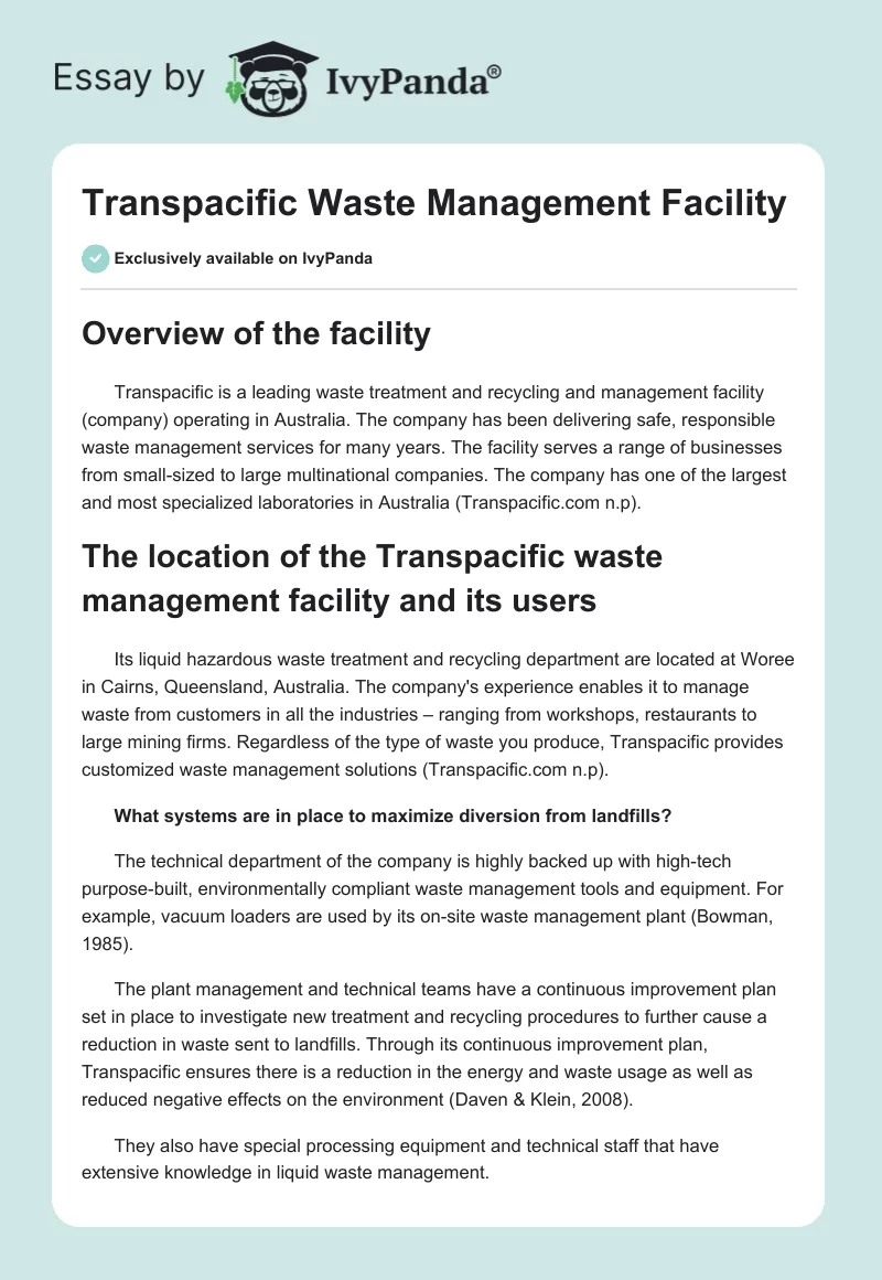 Transpacific Waste Management Facility. Page 1