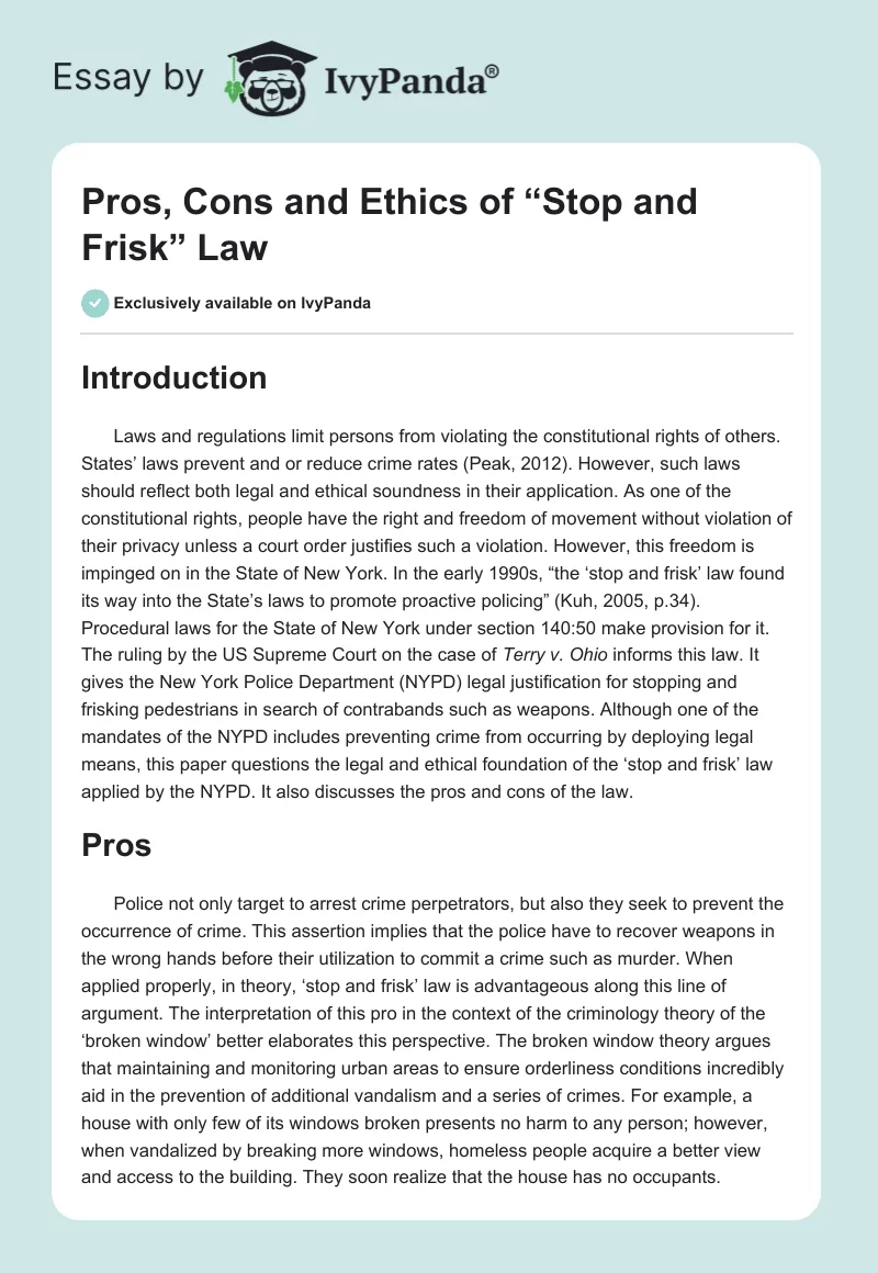 Pros, Cons and Ethics of “Stop and Frisk” Law. Page 1