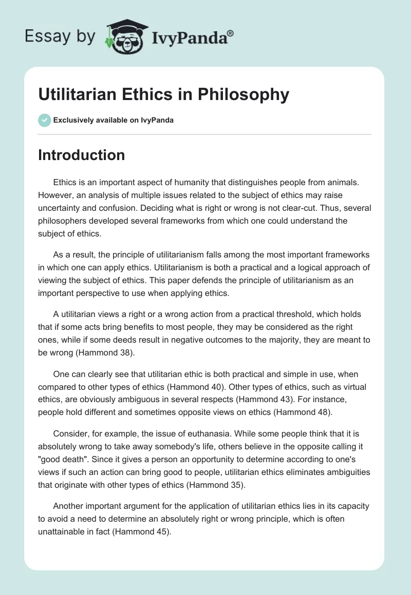 Utilitarian Ethics in Philosophy. Page 1