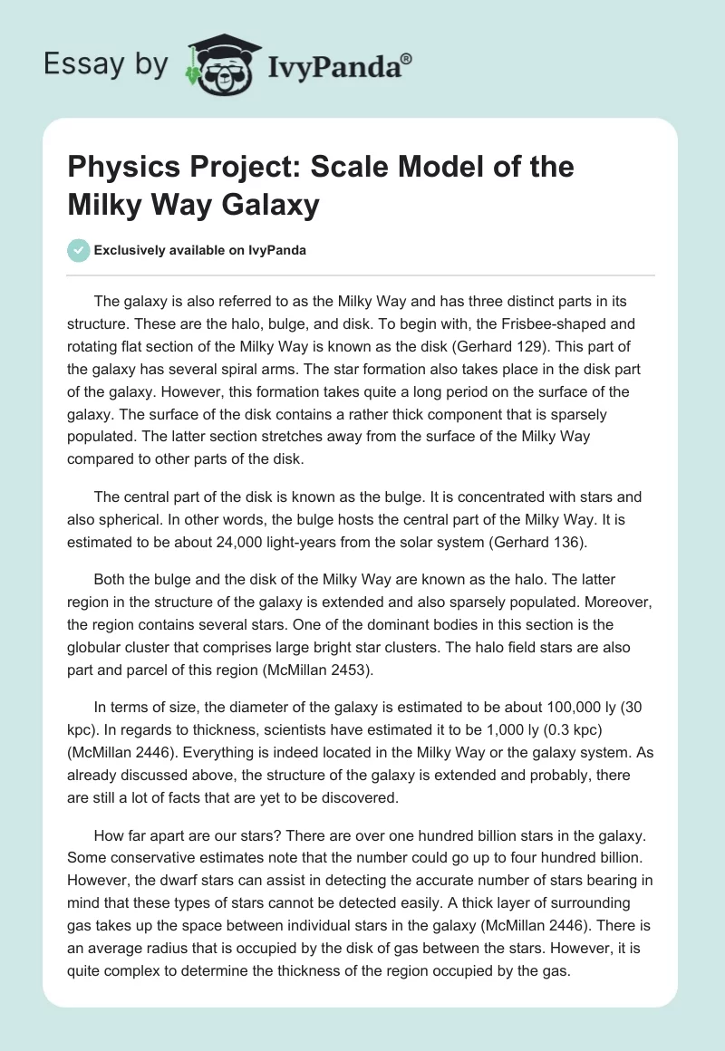 Physics Project: Scale Model of the Milky Way Galaxy. Page 1