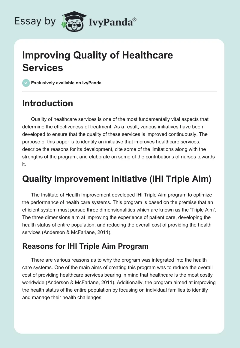 Improving Quality of Healthcare Services. Page 1