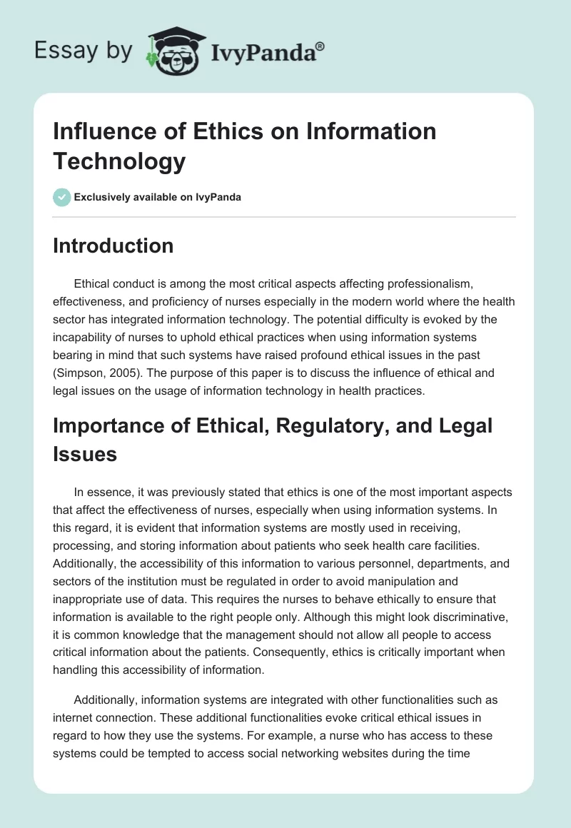 Influence of Ethics on Information Technology. Page 1
